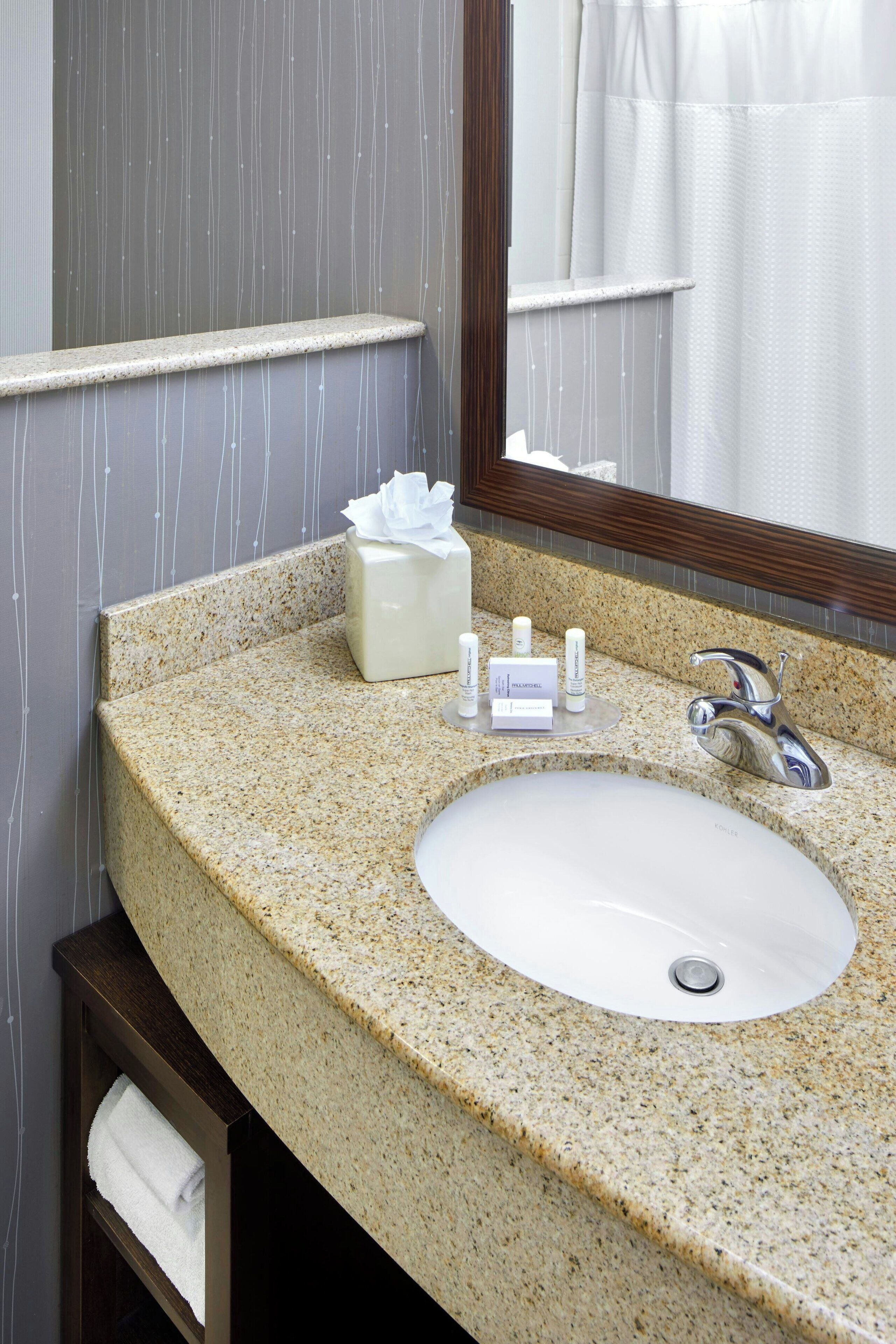 combined shower/bathtub, free toiletries, hair dryer, towels