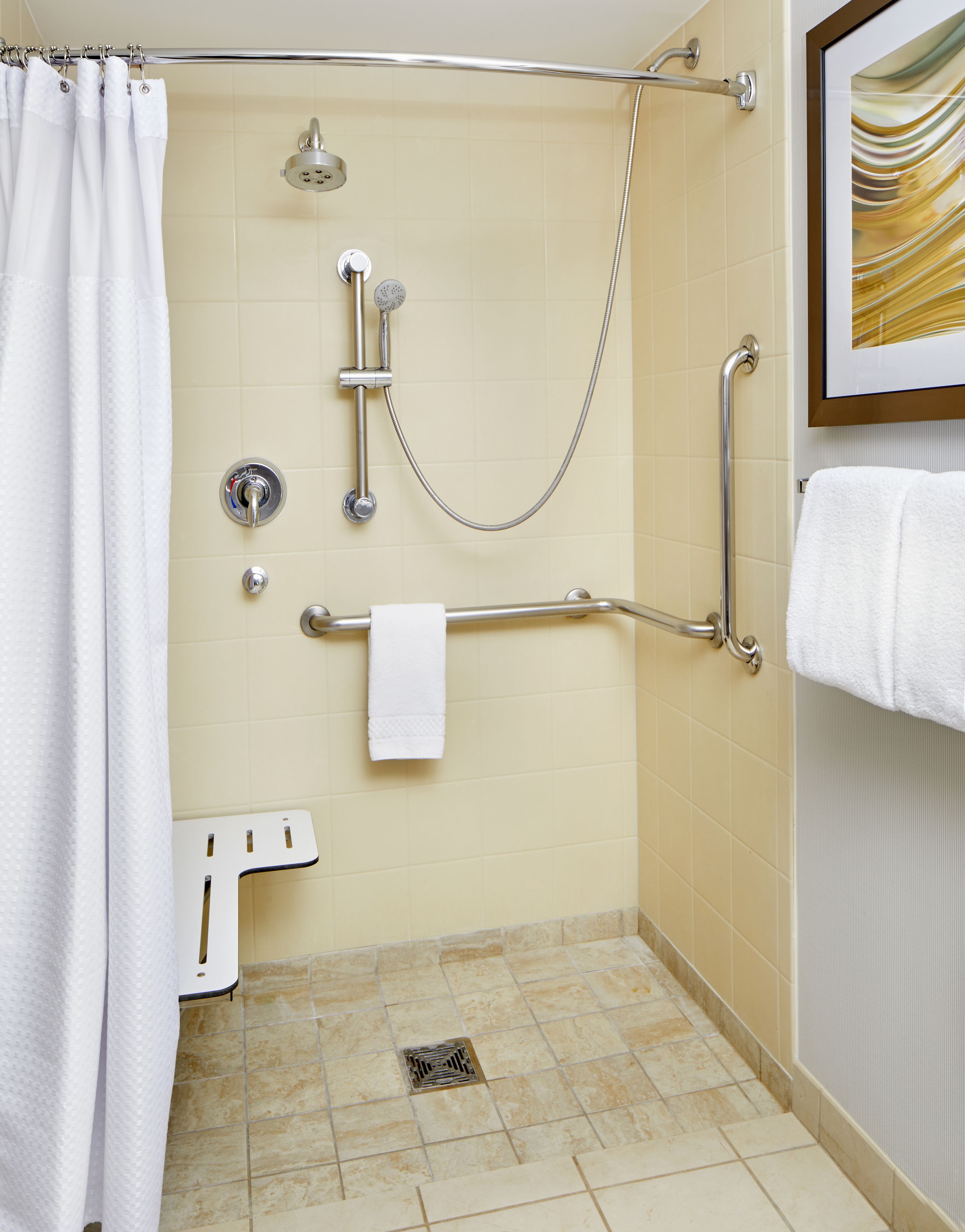 combined shower/bathtub, free toiletries, hair dryer, towels