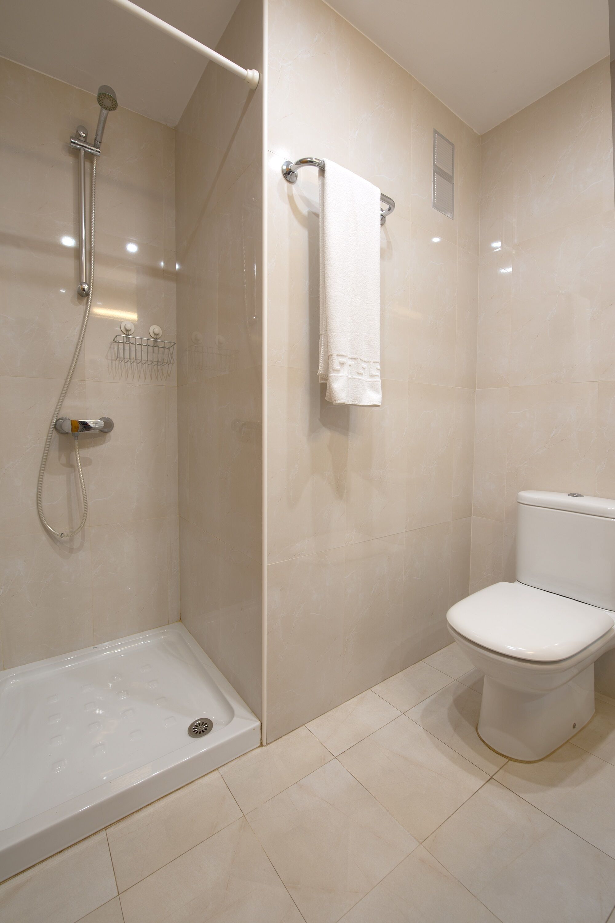 A bathroom with a shower, toilet, and a towel rack.