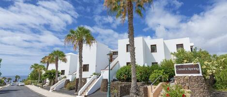 A row of white buildings with palm trees, a sign reading "Camel's Spring," and a clear blue sky.