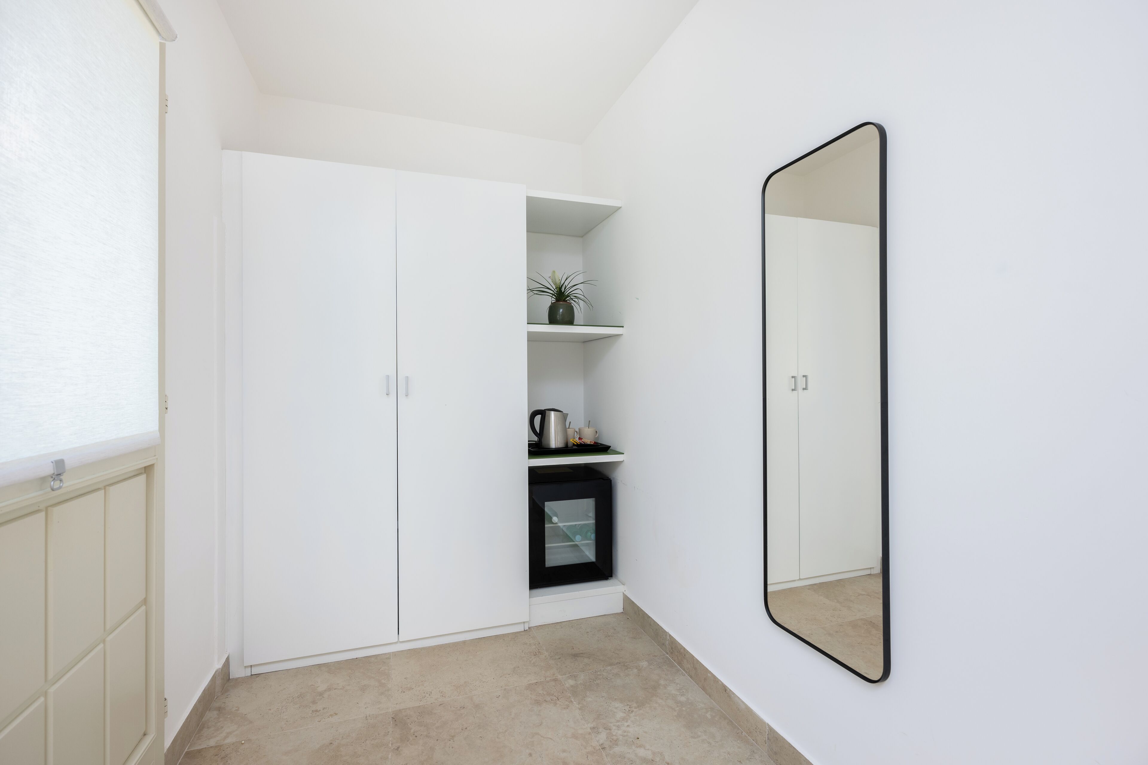 A small, white room with a wardrobe, a shelf with a plant, and a mirror on the wall.