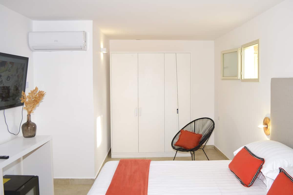 A hotel room with a bed, a chair, a wardrobe, a TV, and a vase with dried flowers.