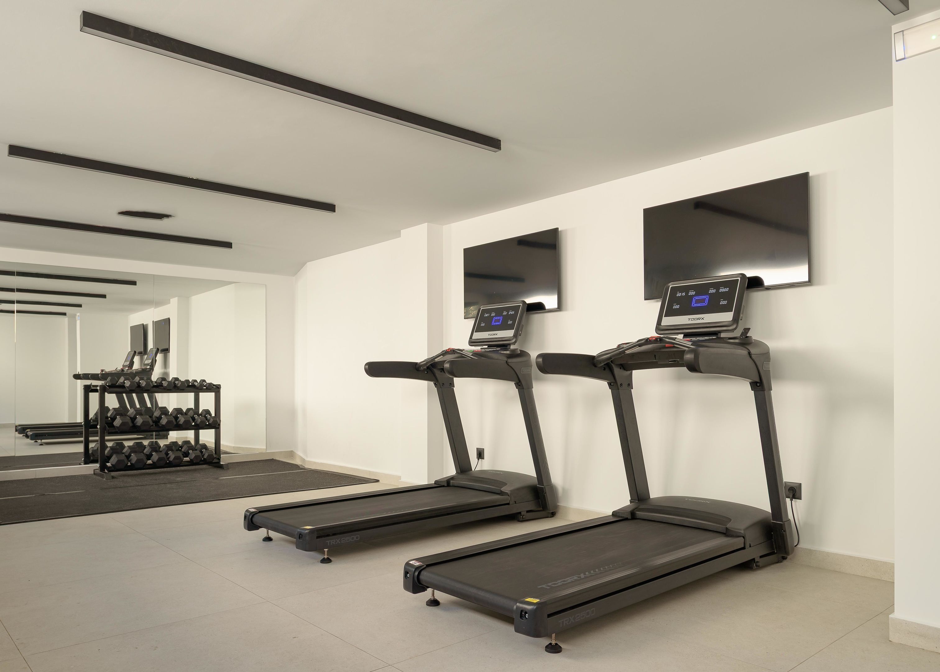 A gym with treadmills, a rack of dumbbells, and a treadmill in the center.