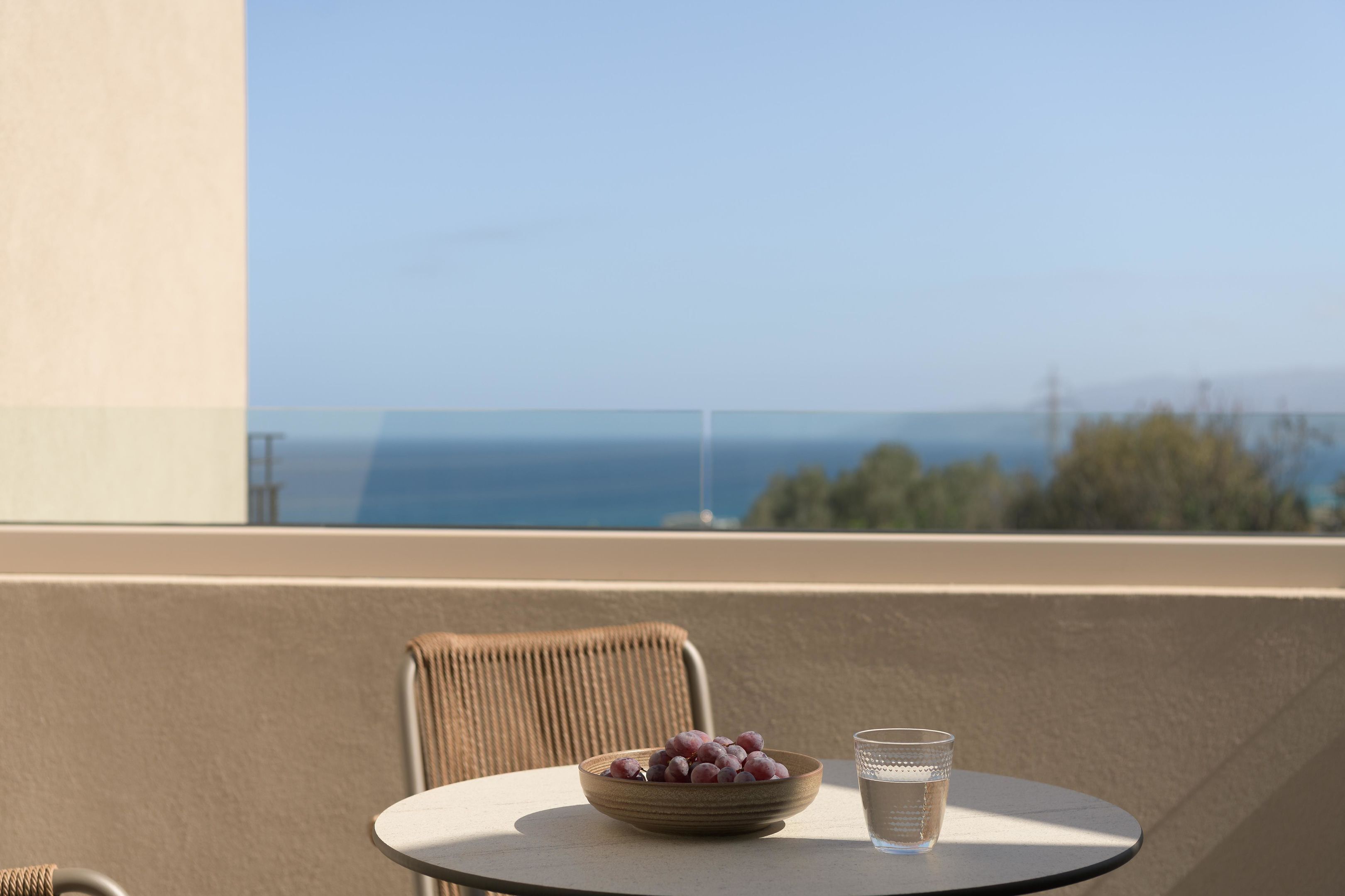 A table with a bowl of grapes and a glass of water on a balcony with a view of the sea.