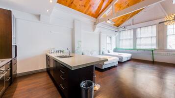 Family Studio Suite, Kitchen, Park View | Free WiFi, bed sheets