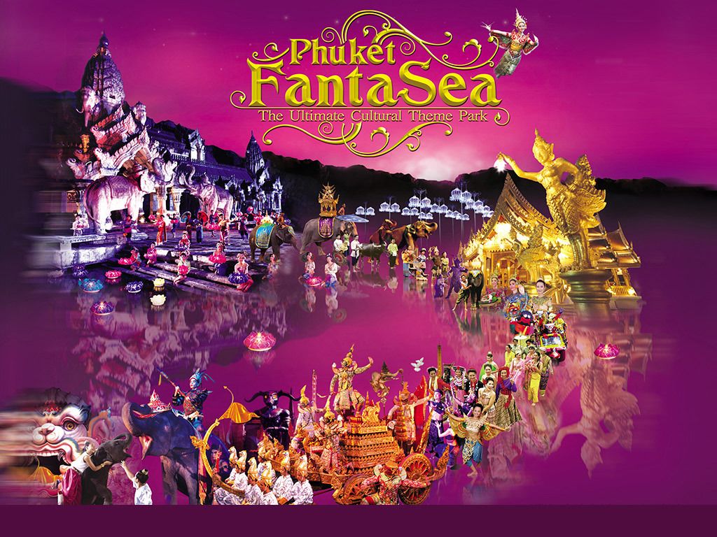 A vibrant cultural scene with performers, elephants, and ornate floats, reflecting the theme park's cultural ambiance.