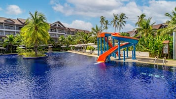 8 outdoor pools, open 8:00 AM to 8:00 PM, pool umbrellas, sun loungers
