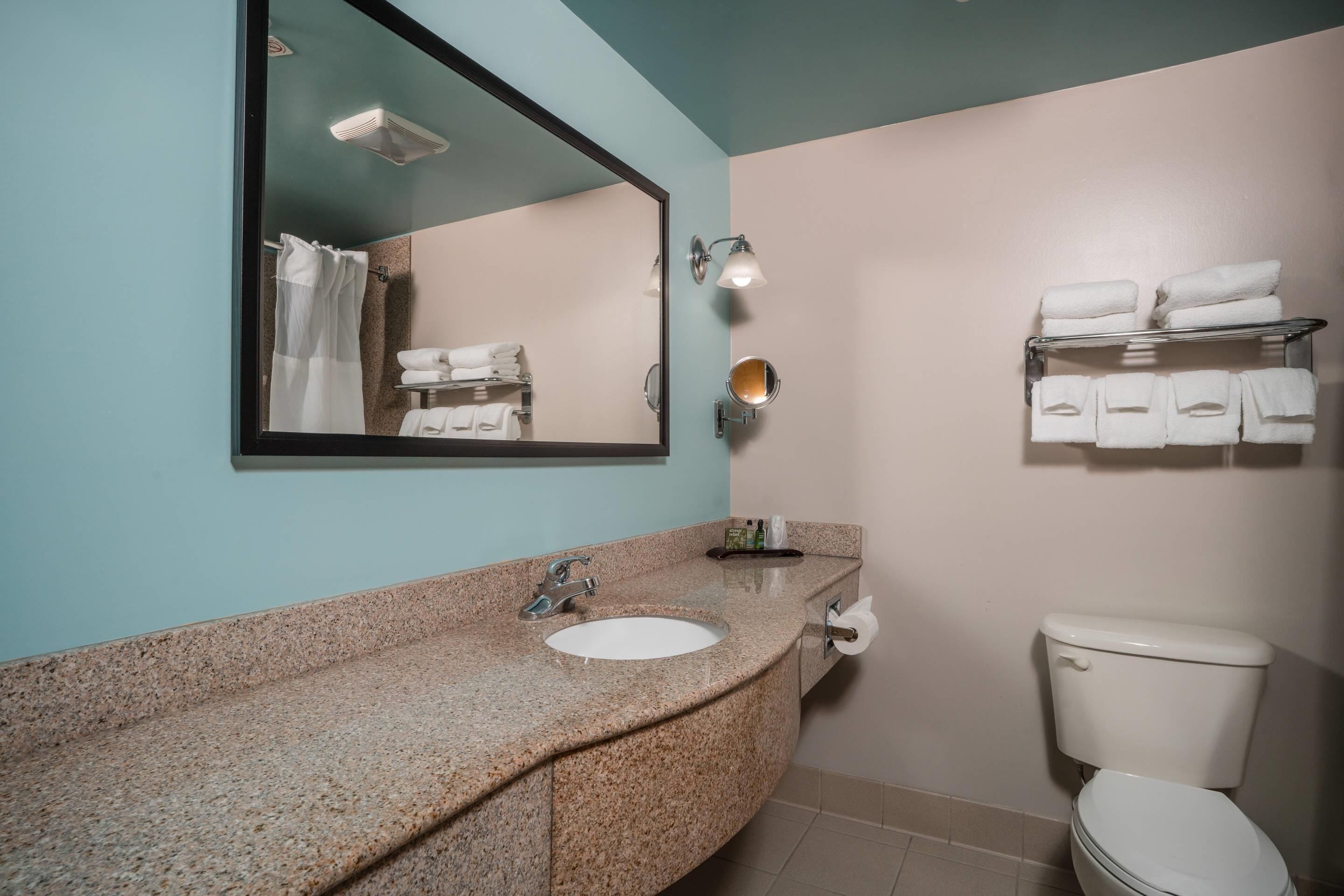 A bathroom with a granite countertop sink, a mirror, a towel rack, and a toilet.