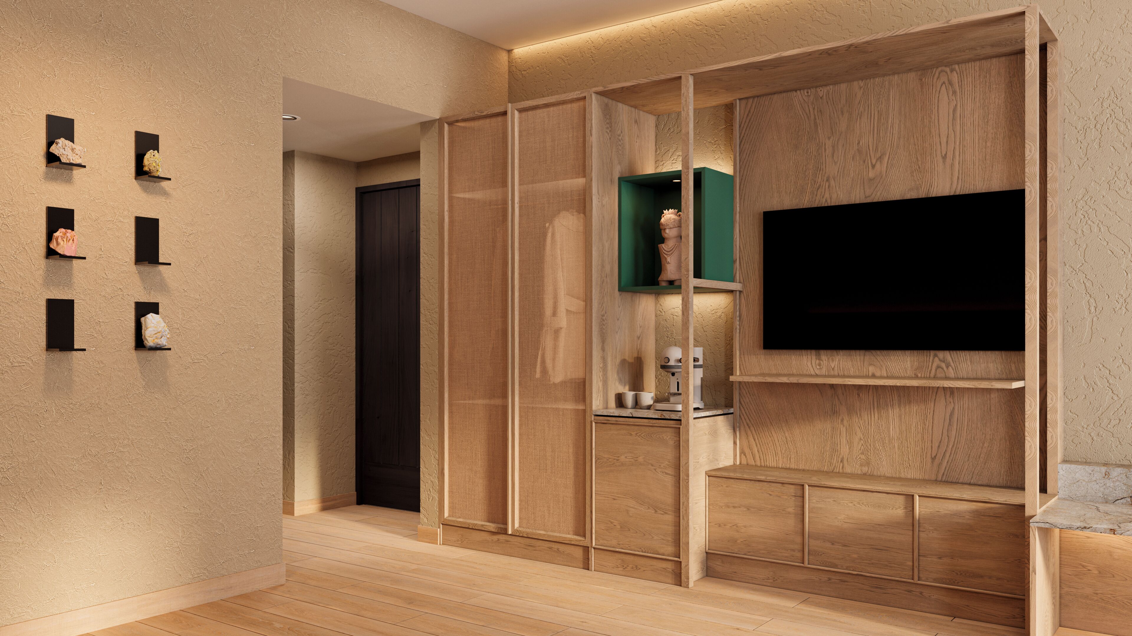 A modern interior with a wooden cabinet, a flat-screen TV, and a stone wall.