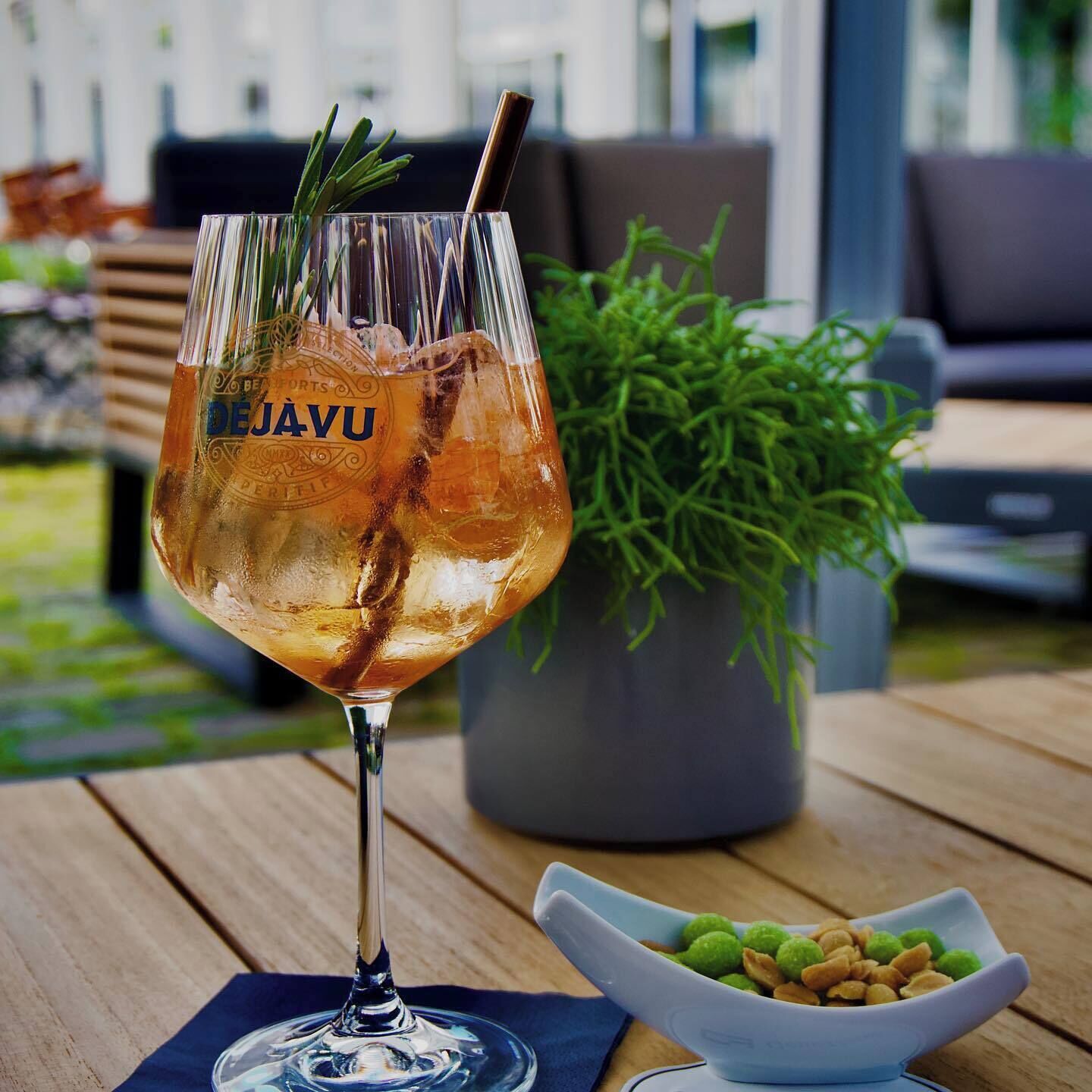 Ein Glas Bier mit Strohhalm und Rosmarin auf einem Holztisch, eine Schale mit Snacks und im Hintergrund ein Blumentopf.