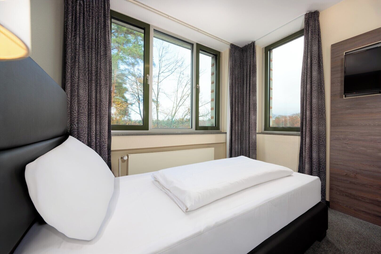 A single bed with a white mattress and pillows, two windows with curtains, a flat-screen TV mounted on the wall, and a radiator under the windows.