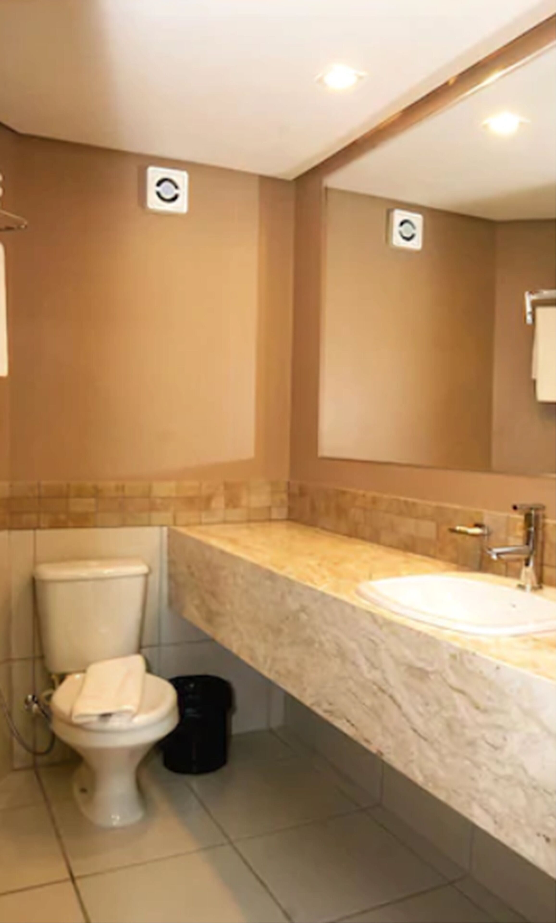 Un baño con inodoro, lavamanos y espejo.