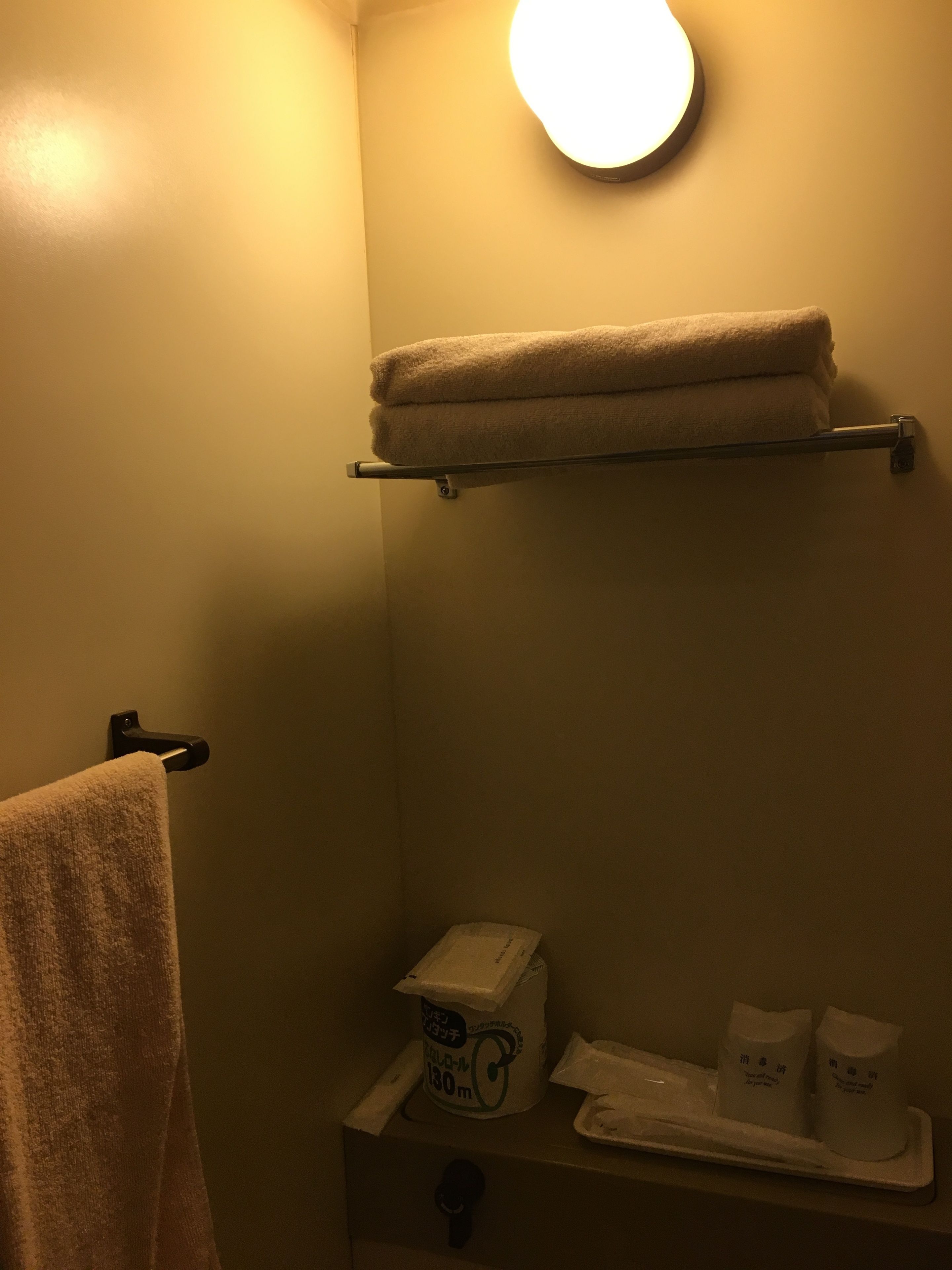 A bathroom with a towel rack, a shelf with a rolled towel, a toilet paper holder, and a trash bin.