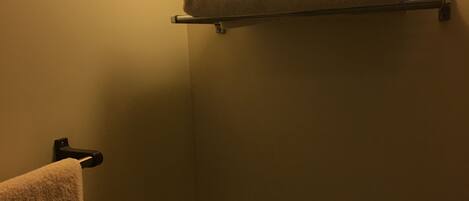 A bathroom with a towel rack, a shelf with a rolled towel, a toilet paper holder, and a trash bin.