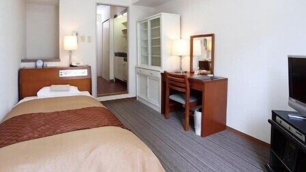 Een hotelkamer met een bed, een bureau met stoel, een televisie en een kledingkast.