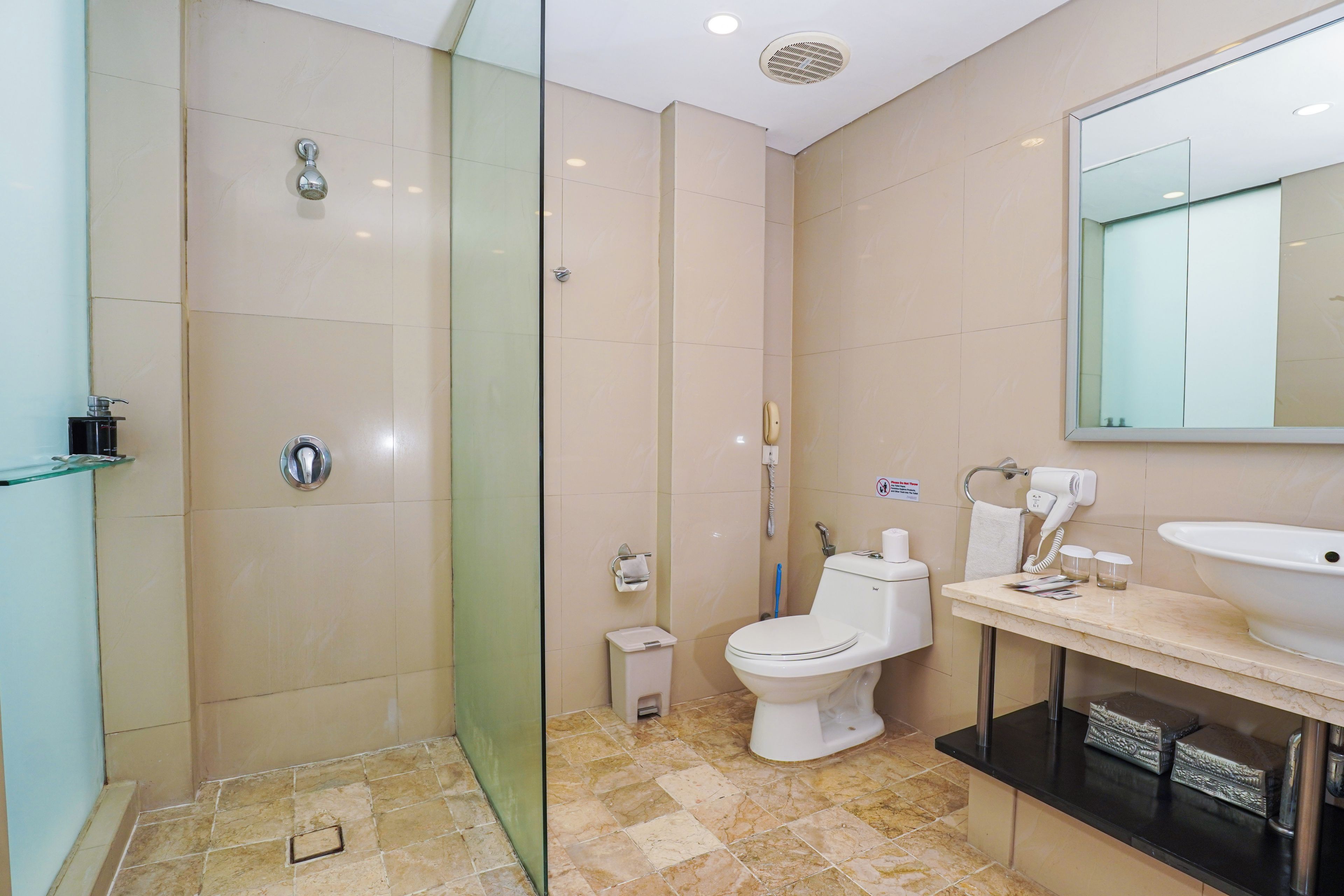 A modern bathroom with a glass-enclosed shower, a toilet, a sink, and a mirror.