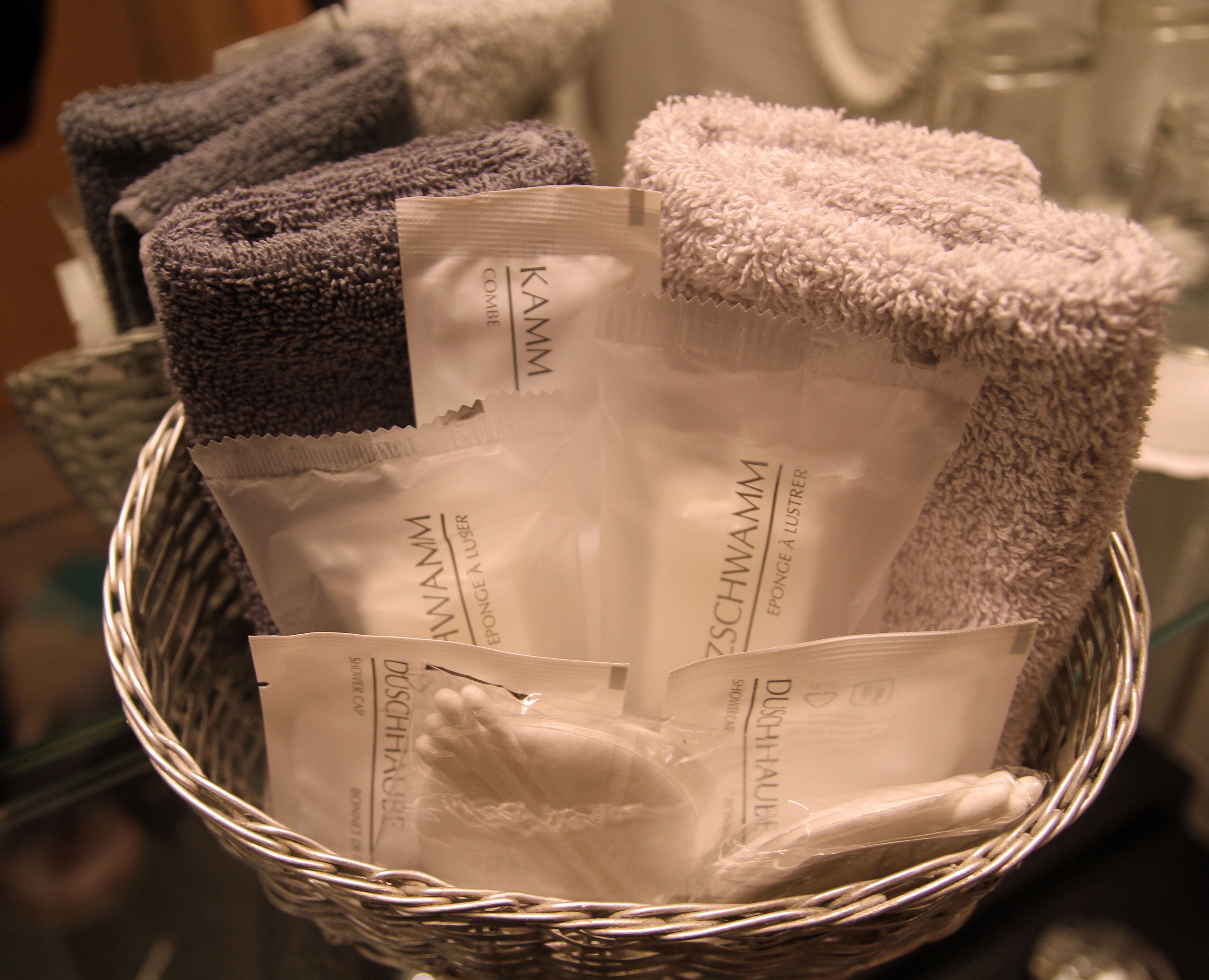 free toiletries, hair dryer, slippers, towels