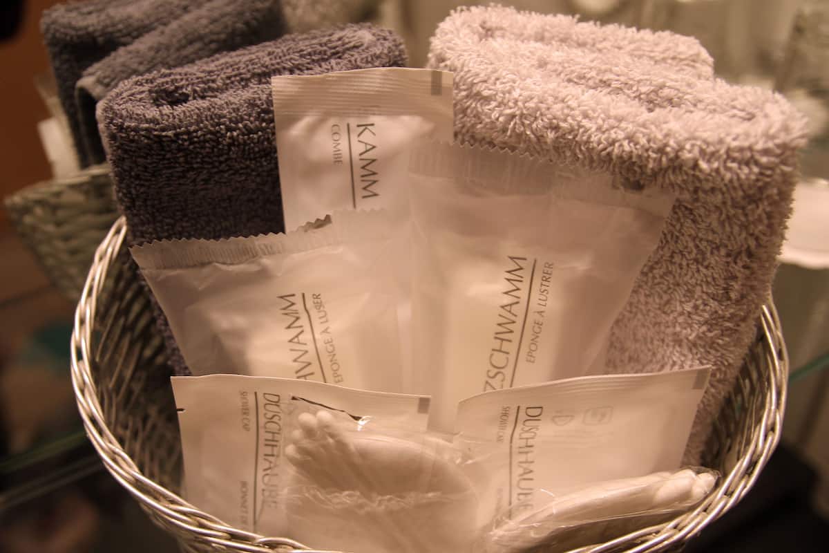 free toiletries, hair dryer, slippers, towels