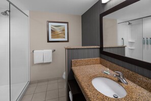 Combined shower/tub, free toiletries, hair dryer, towels