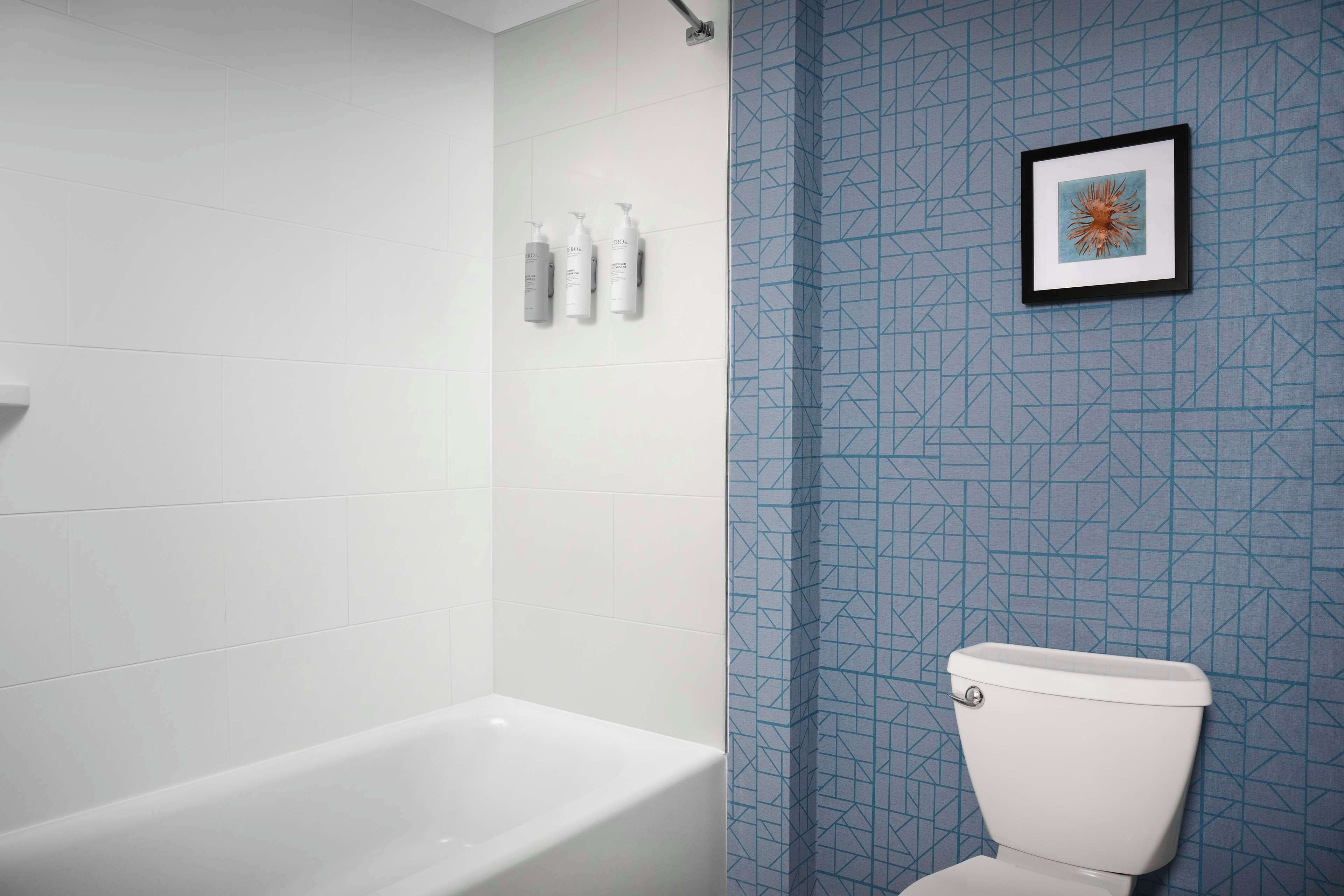 combined shower/bathtub, designer toiletries, hair dryer, towels