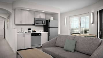 Full-size fridge, microwave, stovetop, dishwasher