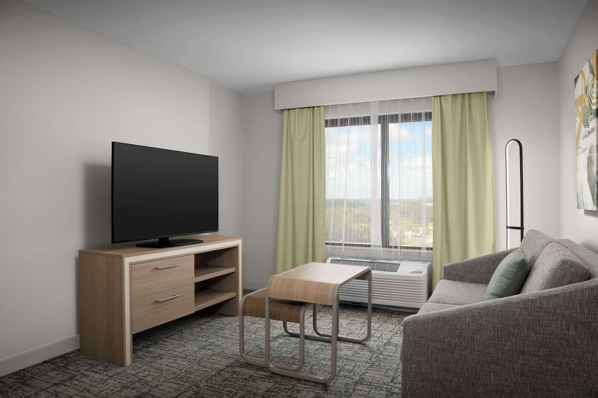 Une chambre d’hôtel moderne équipée d’un téléviseur à écran plat posé sur une console en bois, d’une petite table en bois, d’un canapé gris et d’une grande fenêtre avec des rideaux.