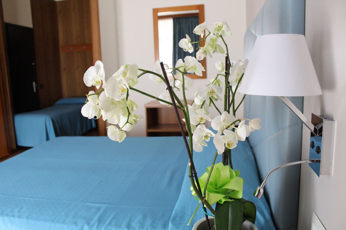 A hotel room with a bed, a nightstand, a lamp, and a vase with white flowers.