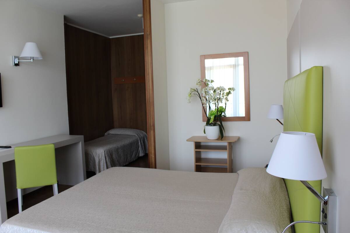 A hotel room with a bed, a desk, a chair, a small table with a plant, and a mirror on the wall.