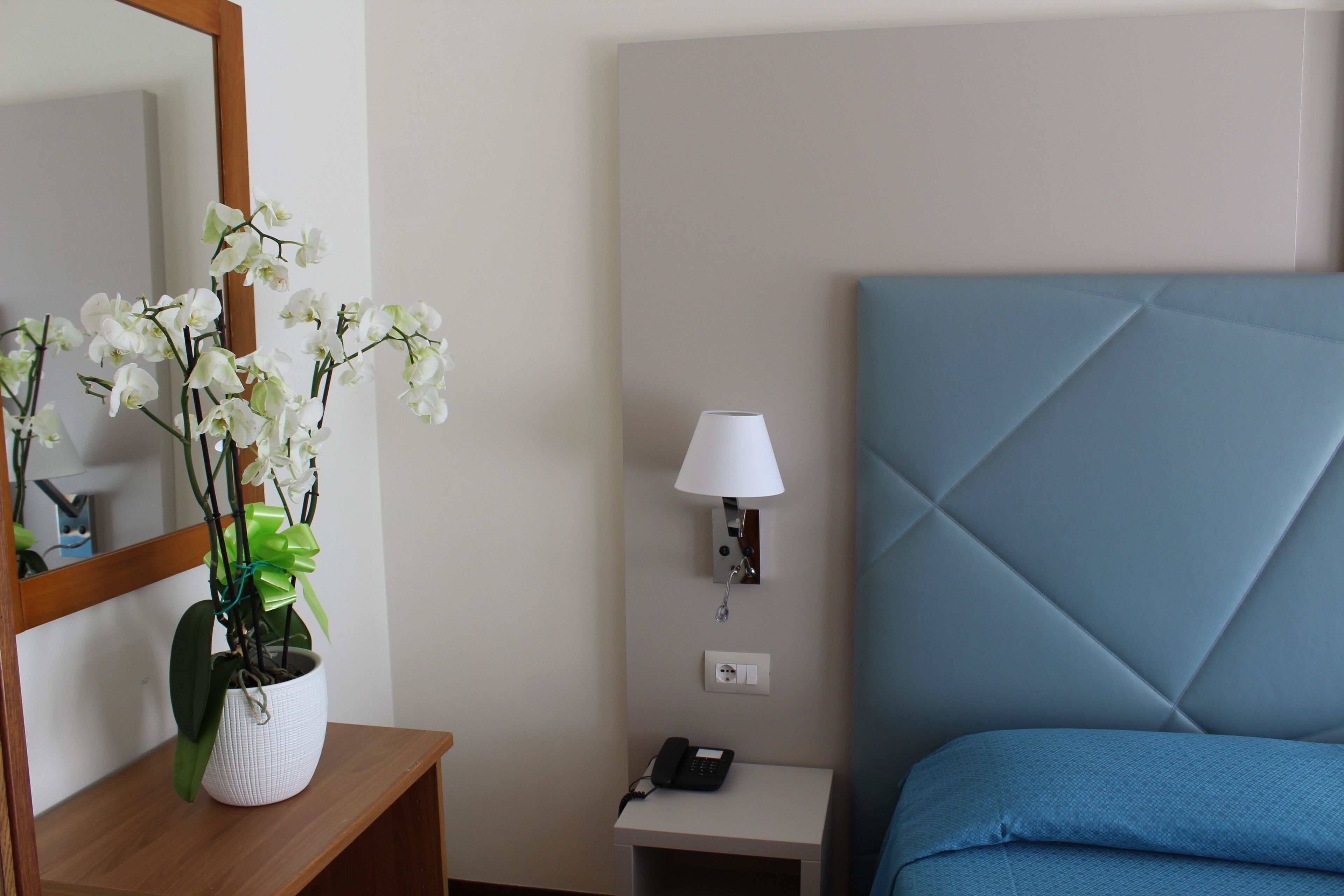 A hotel room with a bed, a bedside table with a lamp, a phone, and a potted orchid plant.