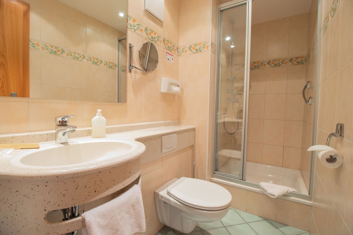 shower, hair dryer, bathrobes, slippers