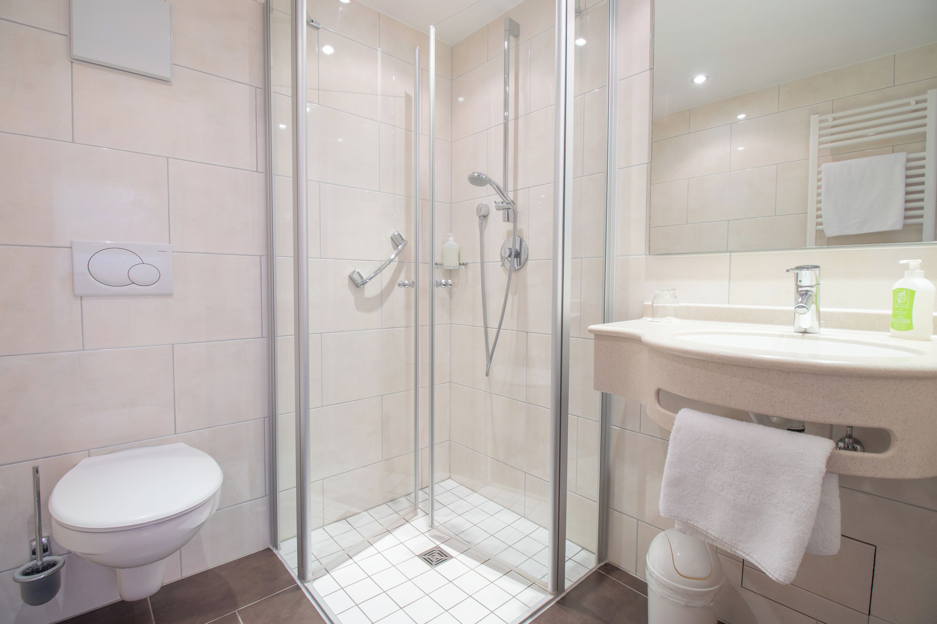 shower, hair dryer, bathrobes, slippers