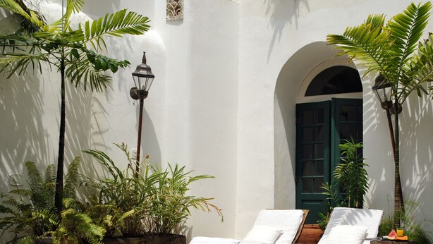 Un espace aménagé au bord de la piscine, avec des chaises longues et des plantes en pot.