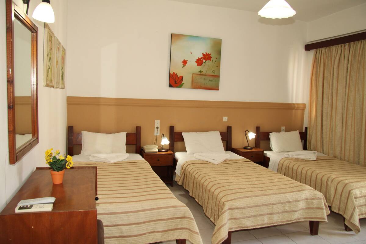 A hotel room with three single beds, a wooden desk with a telephone and a plant, and a painting on the wall.