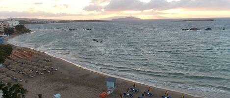 Una playa con filas de sillas de playa azules y amarillas, una orilla arenosa y un mar tranquilo.