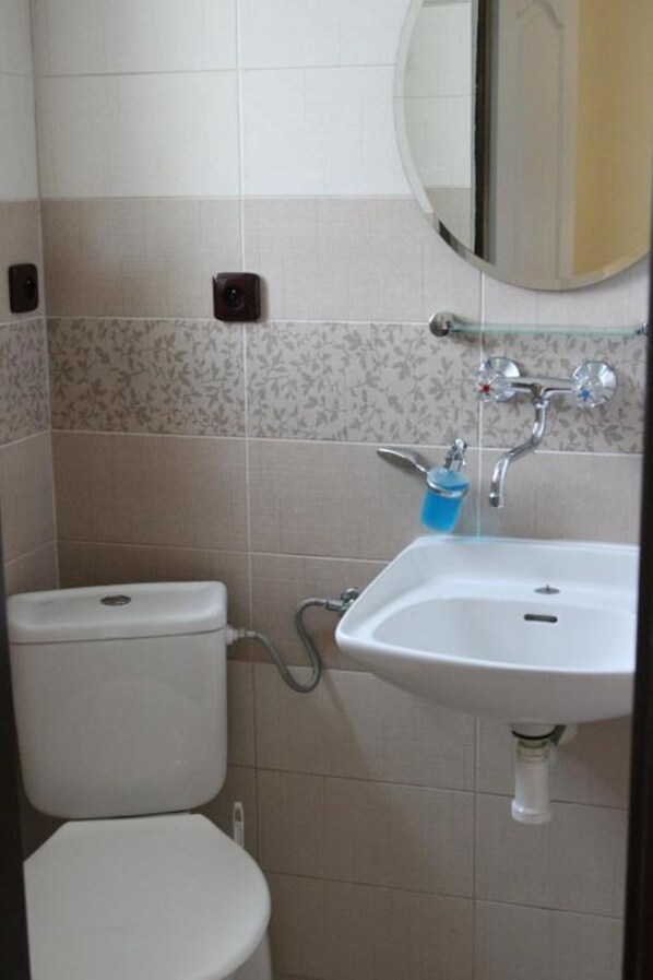 A bathroom with a toilet, a sink, and a mirror. - Hotel Klára (Prague)