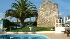 A swimming pool with lounge chairs, a palm tree, and a stone wall. - Torre Velha (Albufeira)