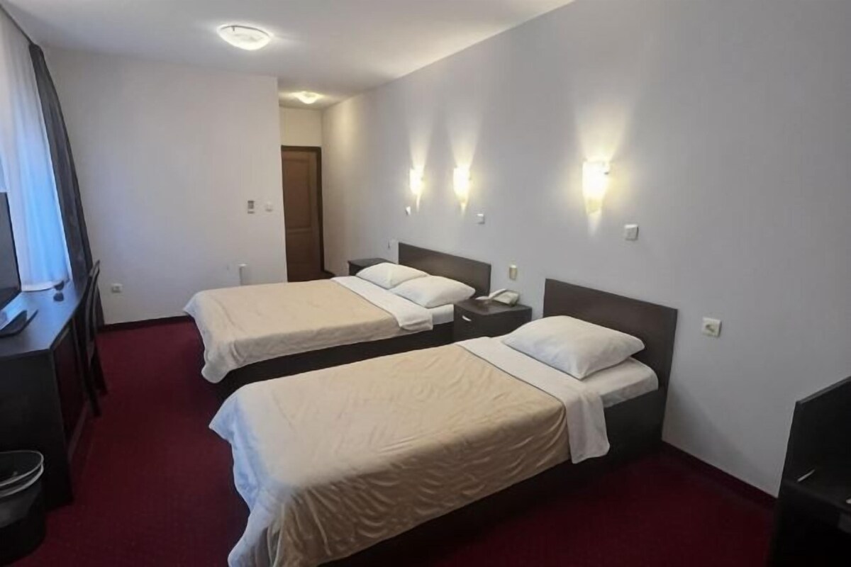 A hotel room with two single beds, a desk, a chair, and a TV.