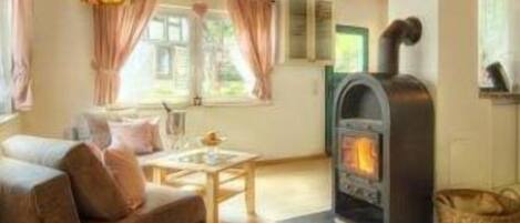 A cozy living room with a sofa, a coffee table, and a wood-burning stove.