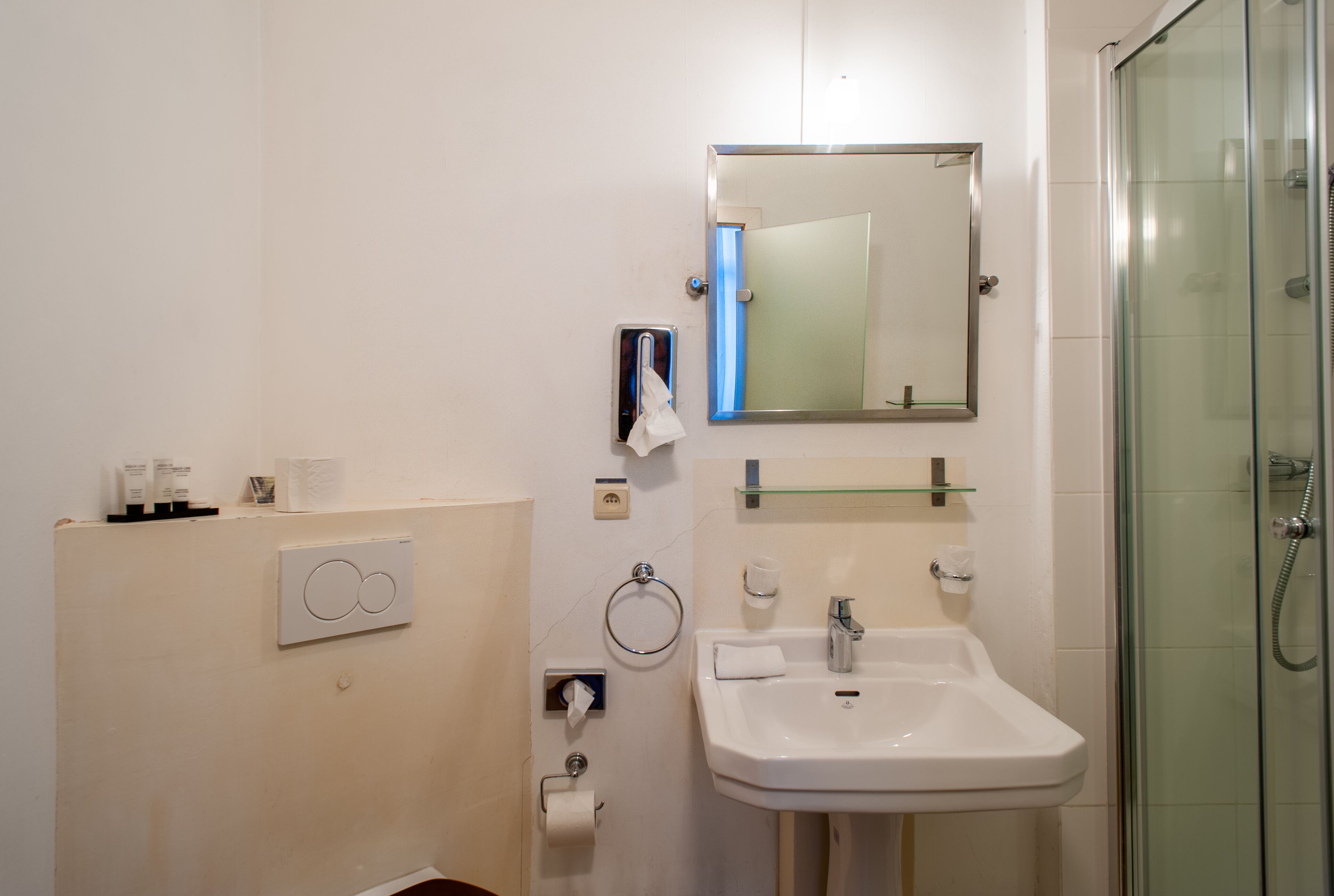 deluxe double room | bathroom | shower, hair dryer, slippers, towels