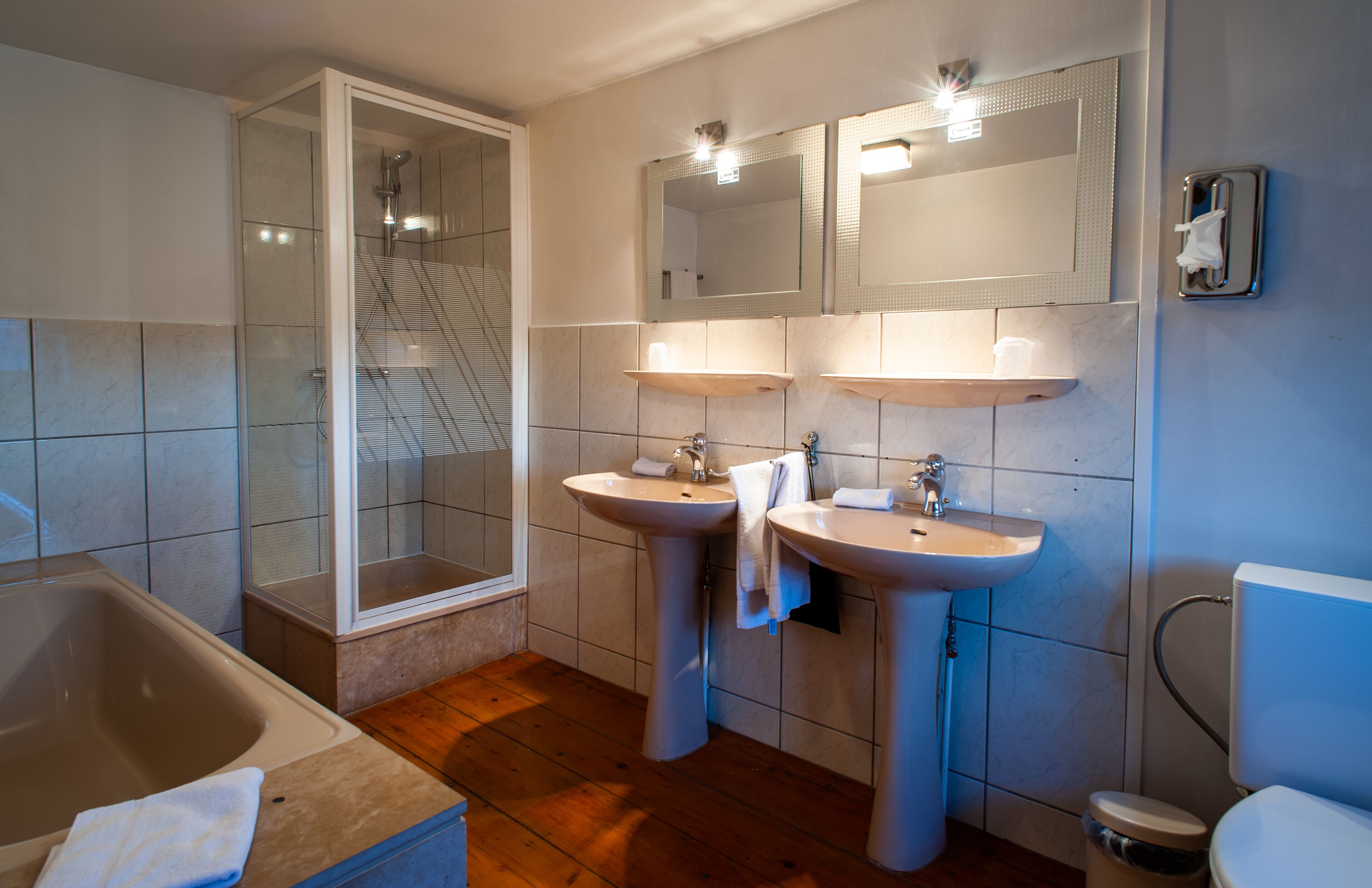 comfort double room | bathroom | shower, hair dryer, slippers, towels