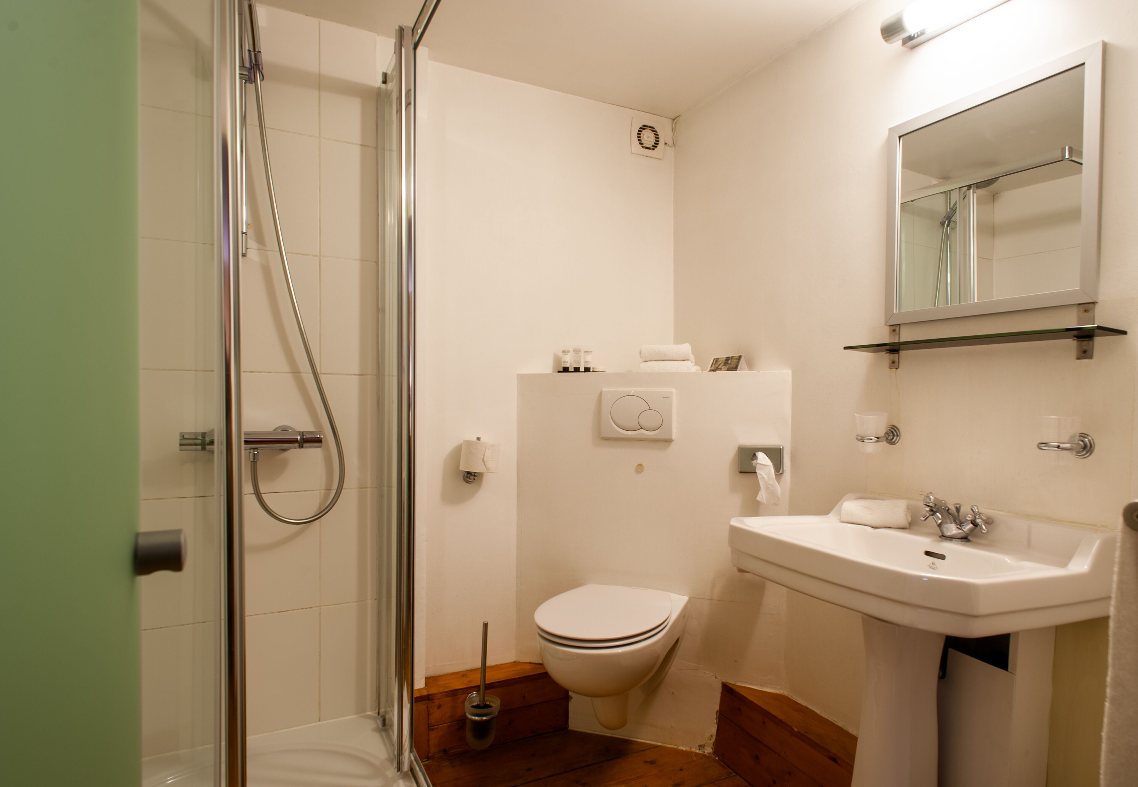 comfort double room | bathroom | shower, hair dryer, slippers, towels