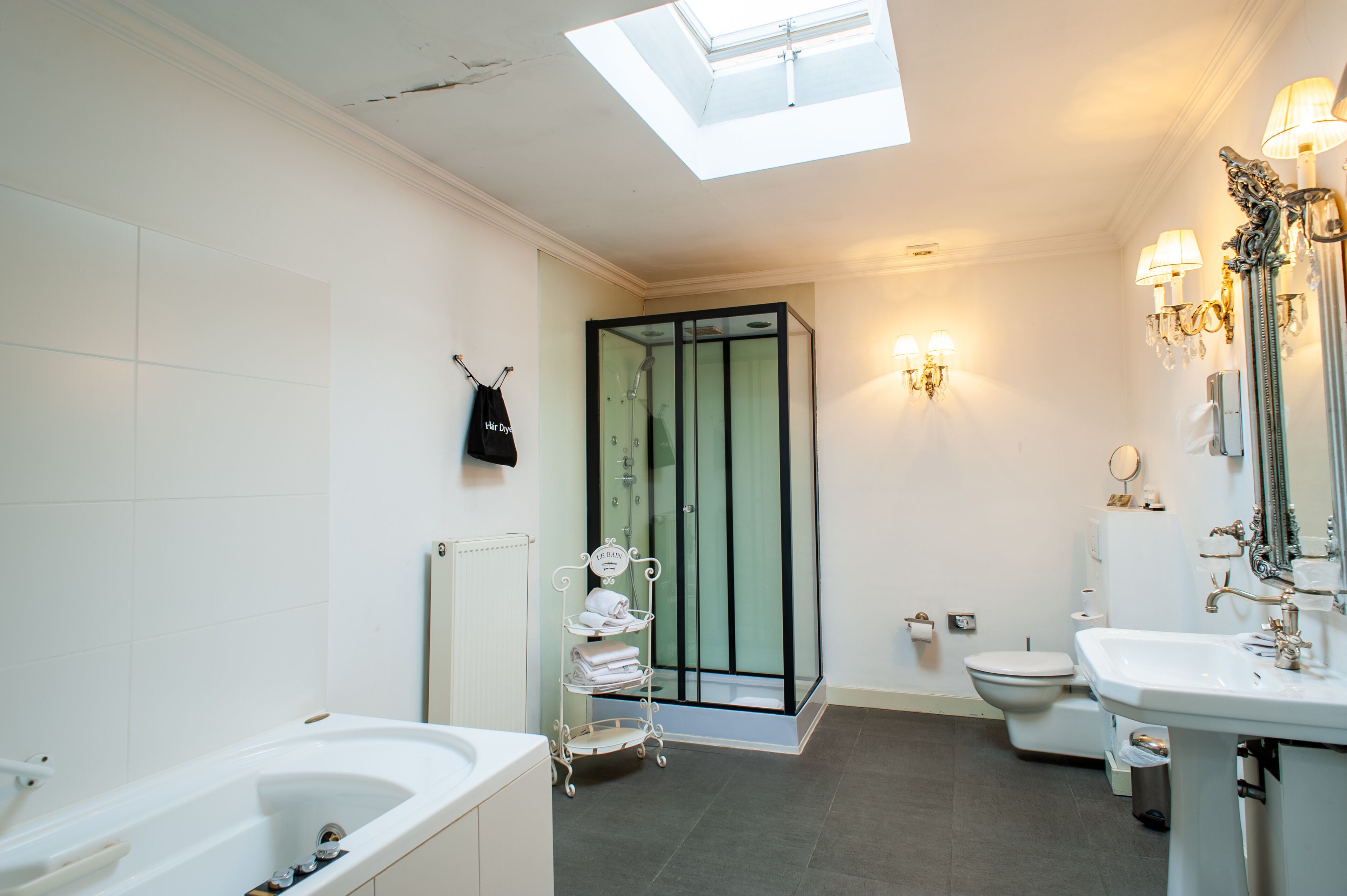 superior double room | bathroom | shower, hair dryer, slippers, towels