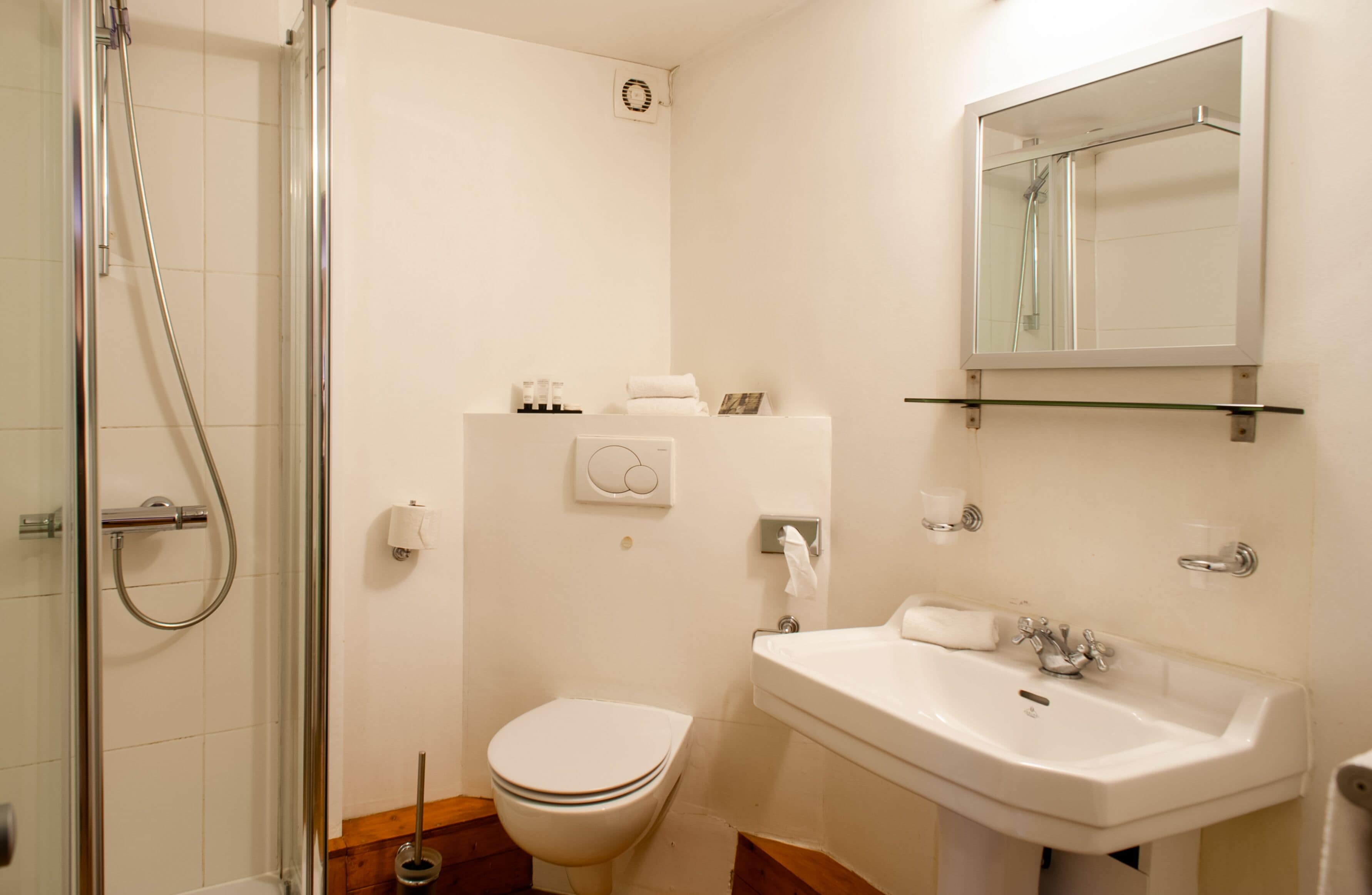 comfort double room | bathroom | shower, hair dryer, slippers, towels