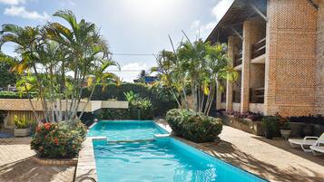 Outdoor pool, open 8:00 AM to 10:00 PM, pool umbrellas, sun loungers