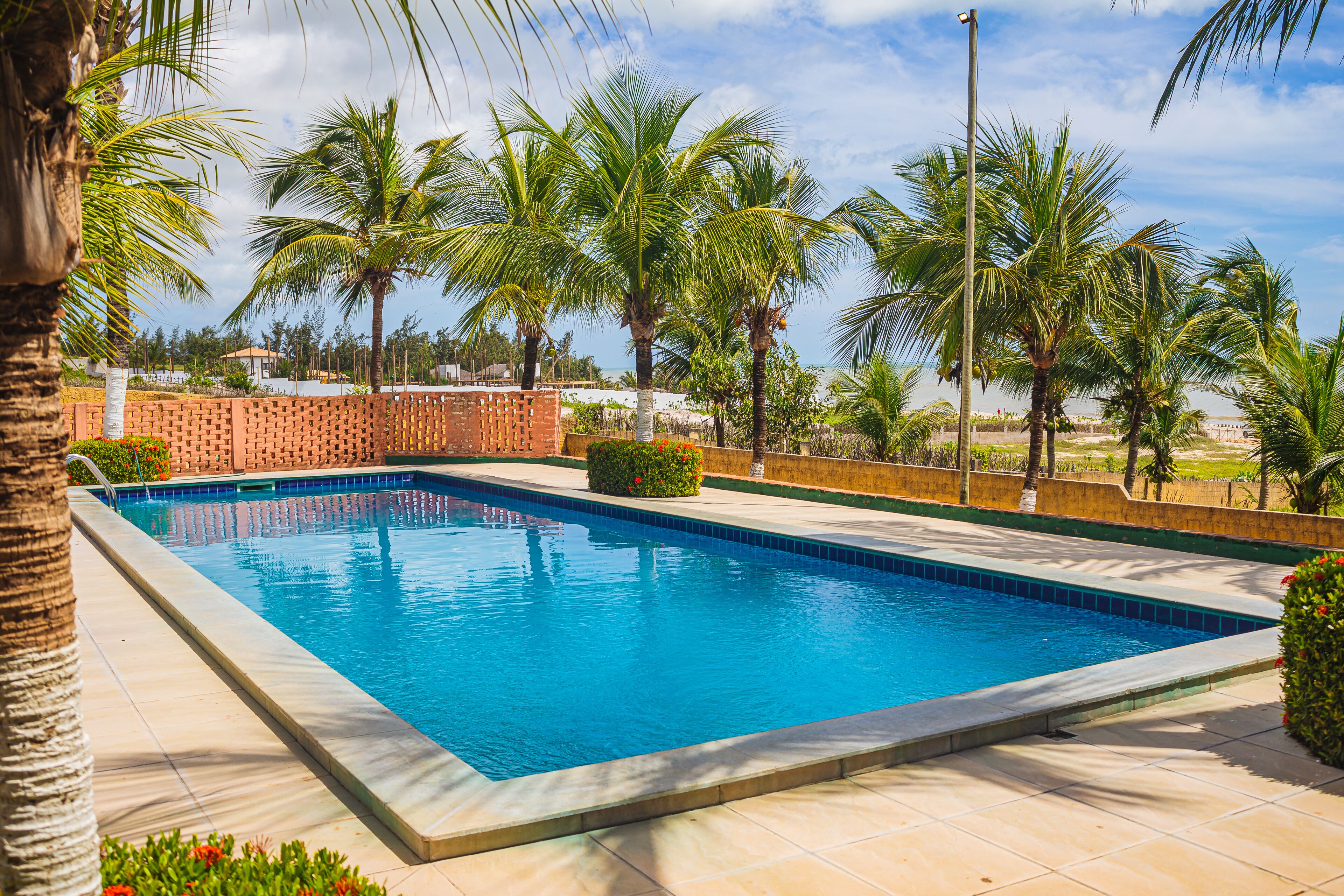 Una piscina rectangular con agua azul cristalina, rodeada por una solana con baldosas.