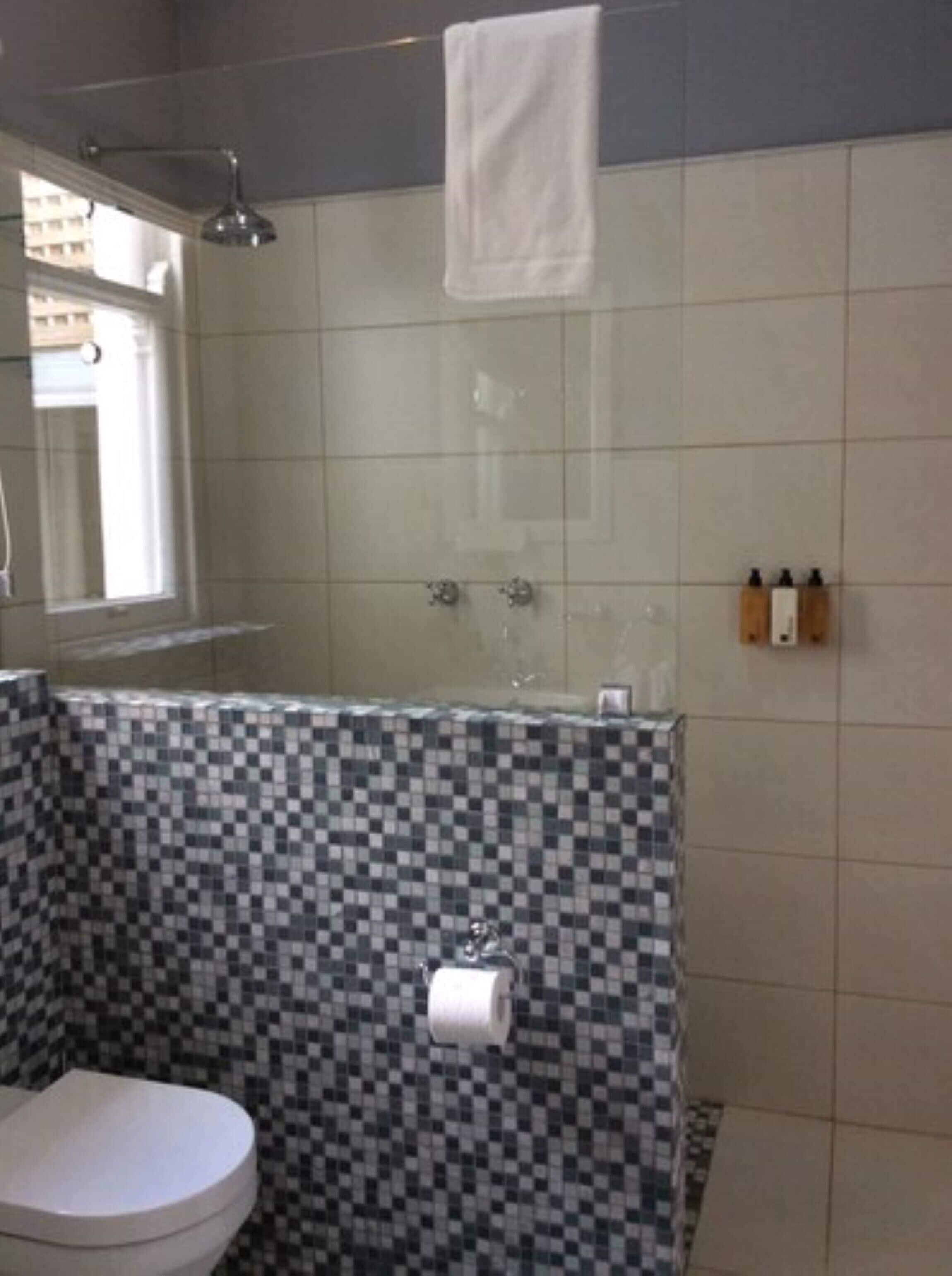 A bathroom with a tiled shower, a toilet, and a mirror.