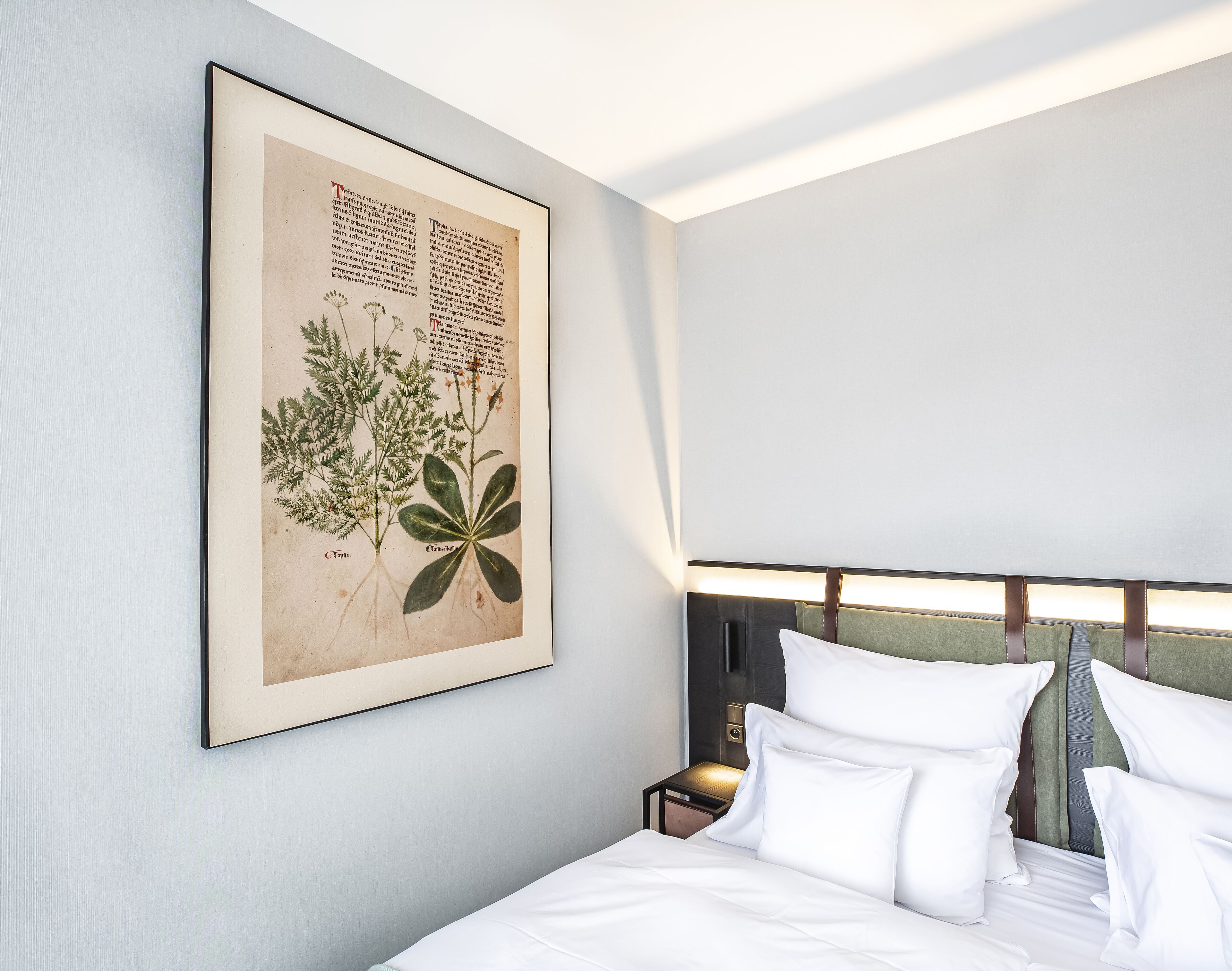 Een net opgemaakt bed met witte lakens en kussens, een ingelijst botanisch kunstwerk aan de muur en een nachtkastje met een lamp.
