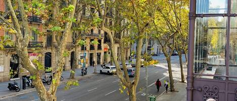 A street lined with trees and buildings, a sidewalk, and a parked car.