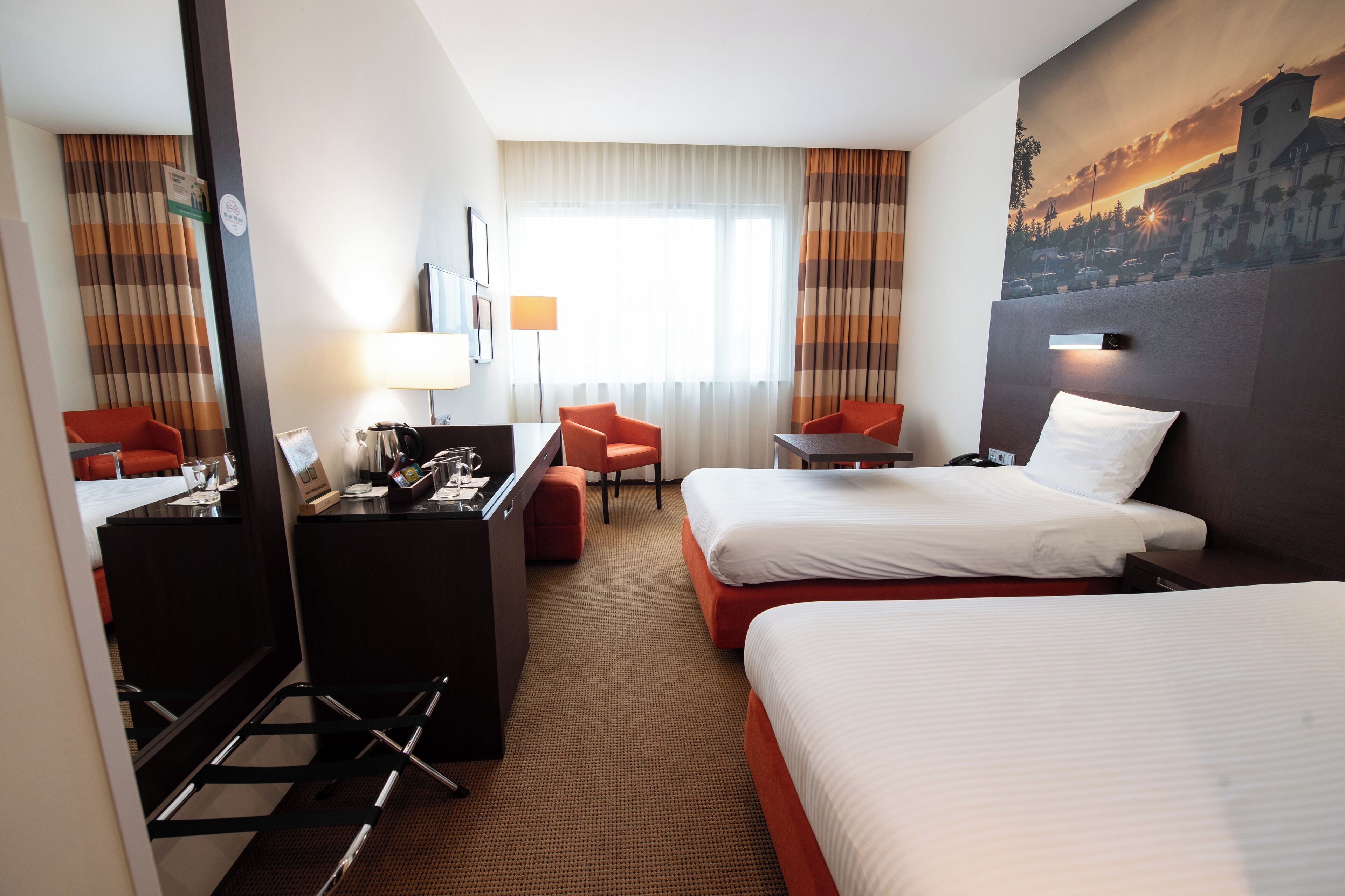 hypo-allergenic bedding, in-room safe, desk, blackout curtains