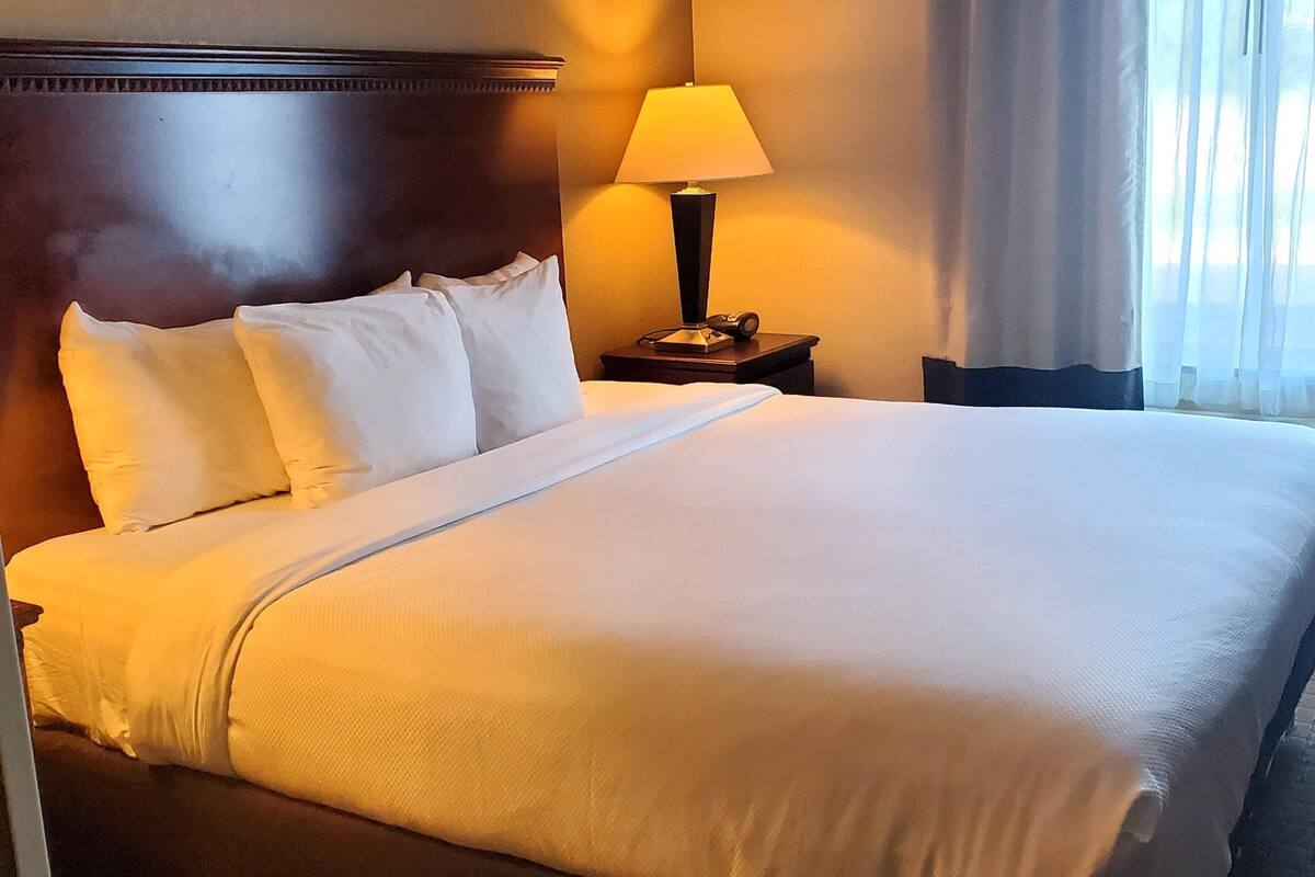 Una cama bien hecha con sábanas blancas, una lámpara de noche y una mesita de noche con un teléfono y un libro.